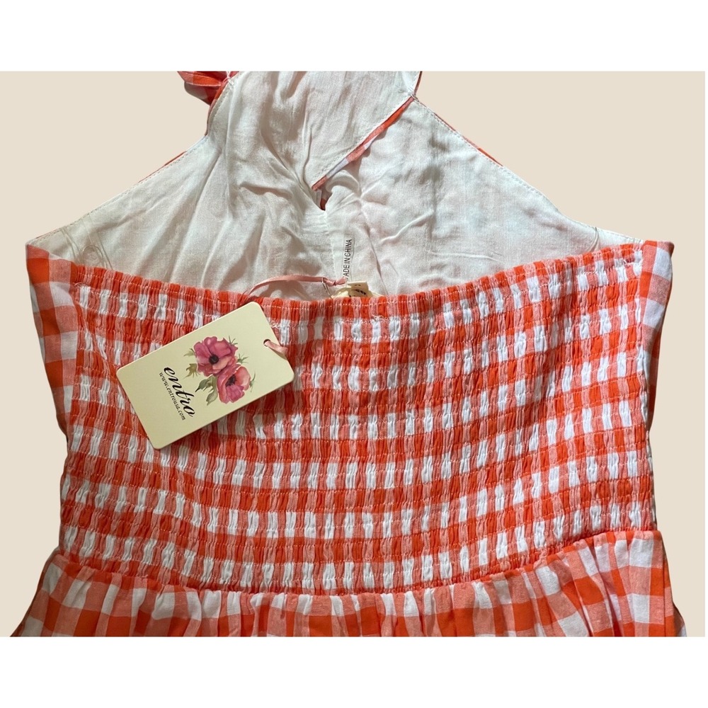 NWT Entro Gingham Maxi Dress Sundress M Orange  Farmcore Milkmaid Tiered - Picture 6 of 10